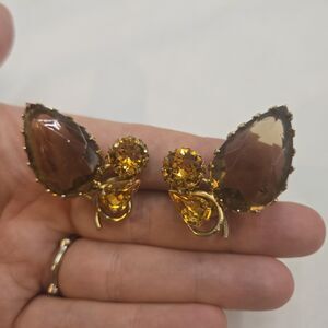 Vintage Schreiner Unsigned Amber Brown Tone Clip On Climber Earrings Large